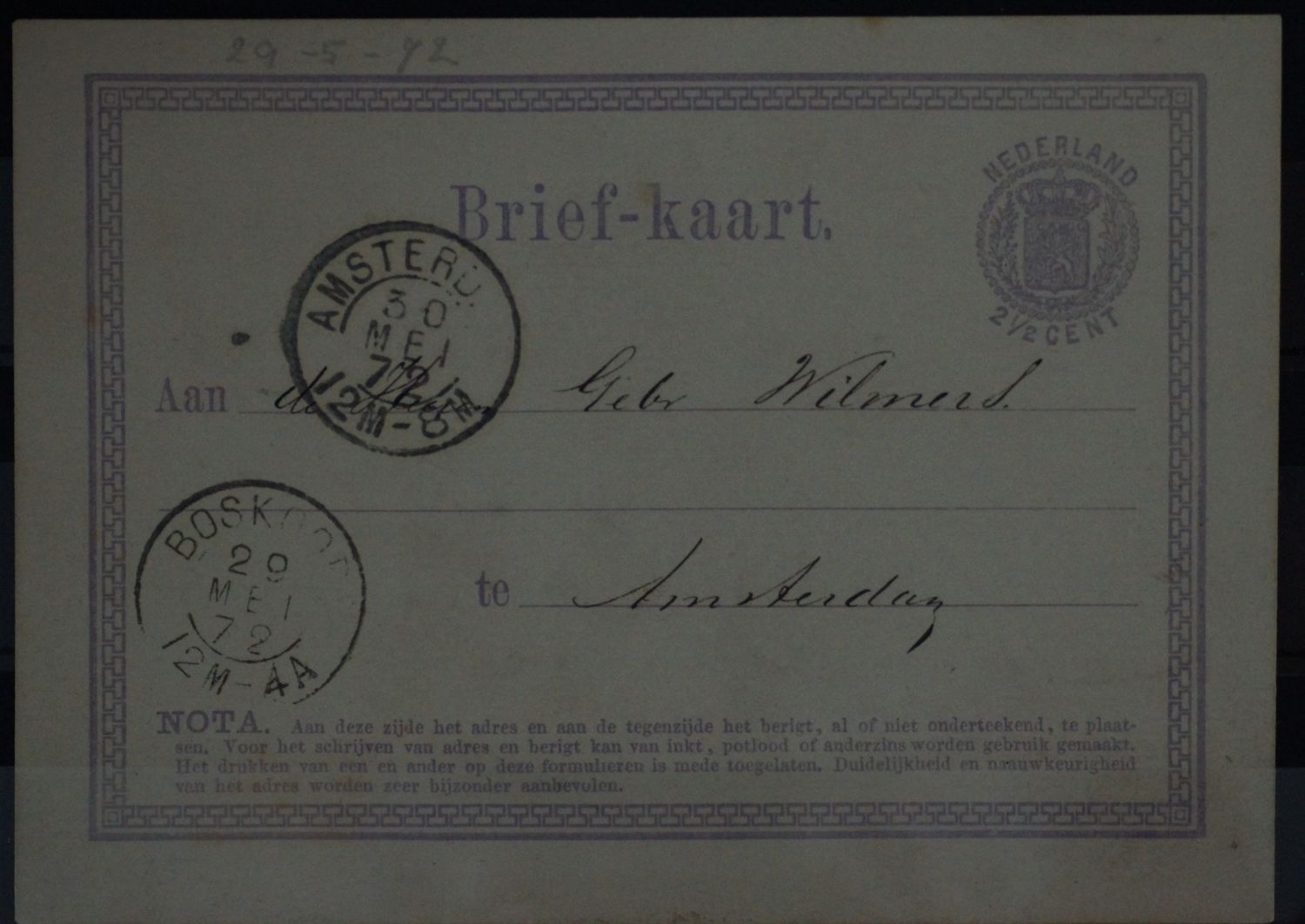 Tweeletterstempel Boskoop en Amsterdam op nette briefkaart Tweeletterstempel Boskoop en Amsterdam op nette briefkaart