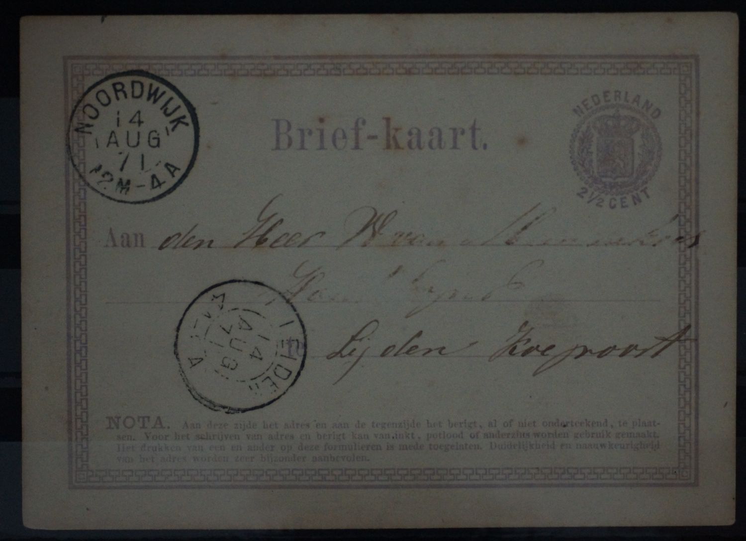 Tweeletterstempel Noordwijk en Leiden op nette briefkaart