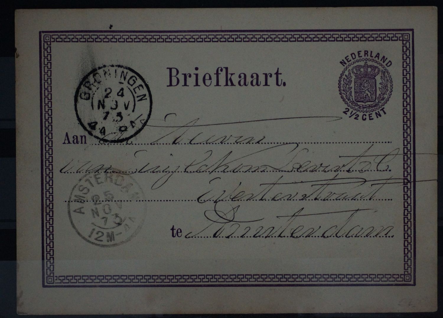 Tweeletterstempel Groningen en Amsterdam op nette briefkaart Tweeletterstempel Groningen en Amsterdam op nette briefkaart