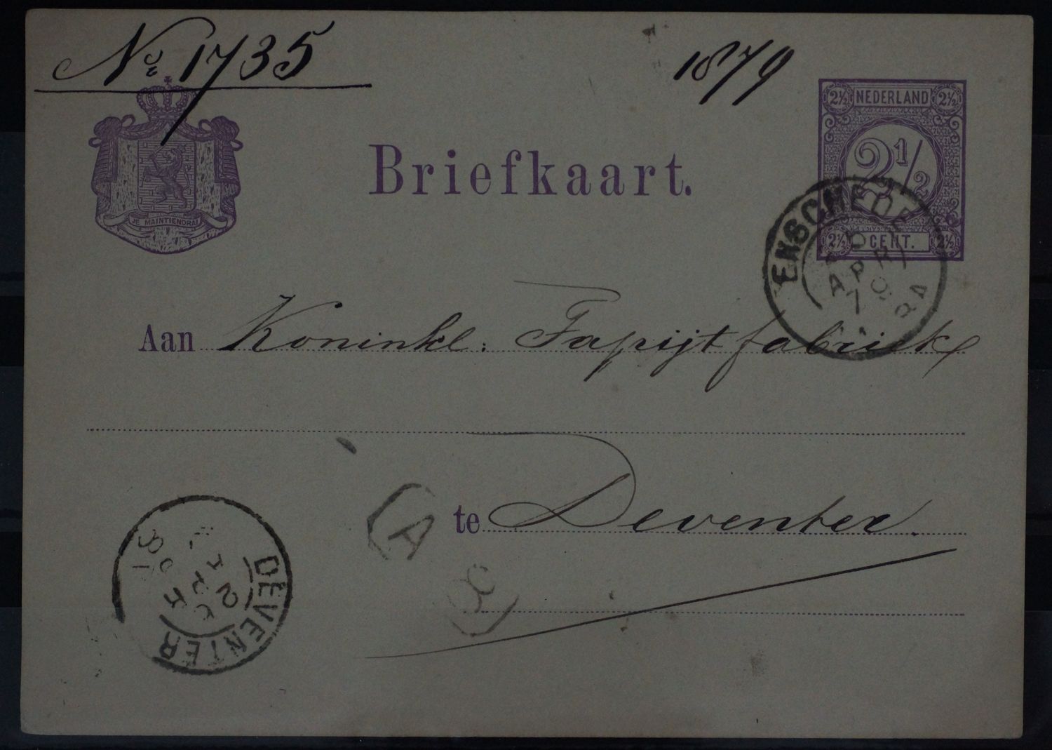 Tweeletterstempel Enschede en Deventer op nette briefkaart