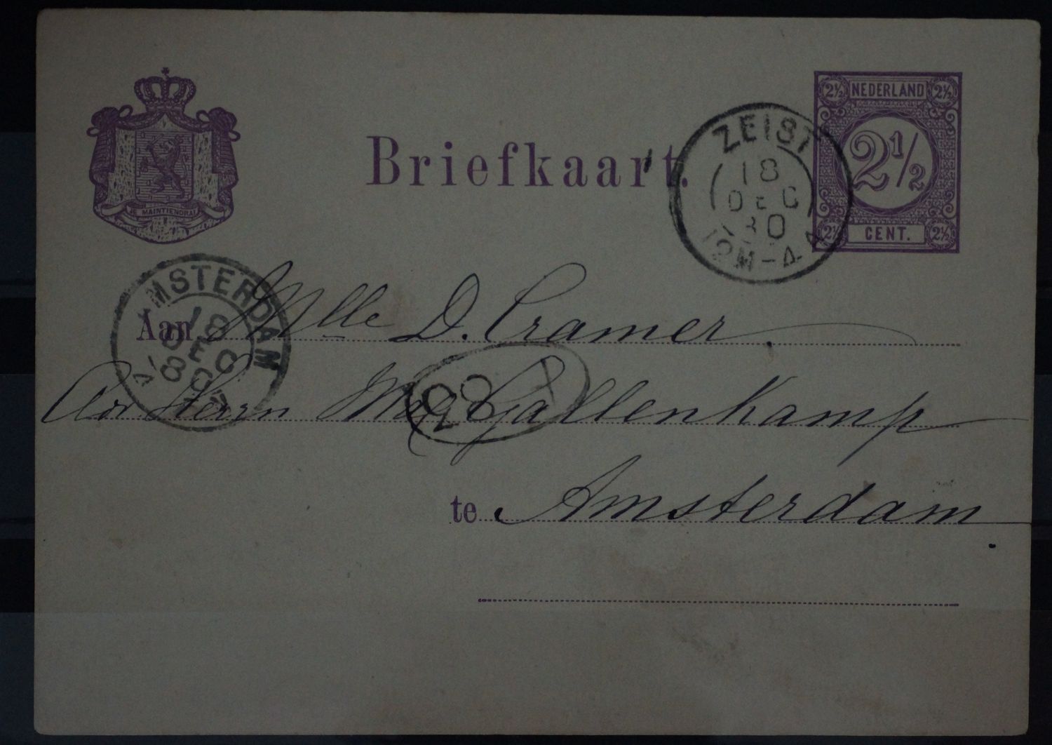 Tweeletterstempel Zeist en Amsterdam op nette briefkaart
