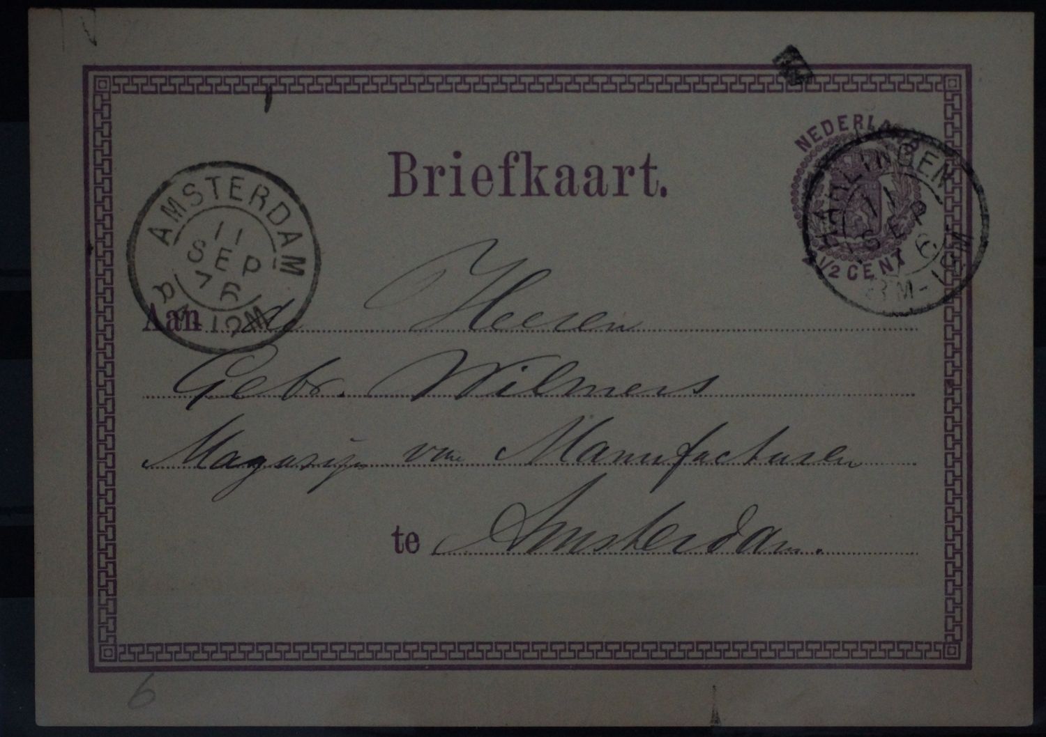 Tweeletterstempel Harlingen en Amsterdam op nette briefkaart Tweeletterstempel Harlingen en Amsterdam op nette briefkaart