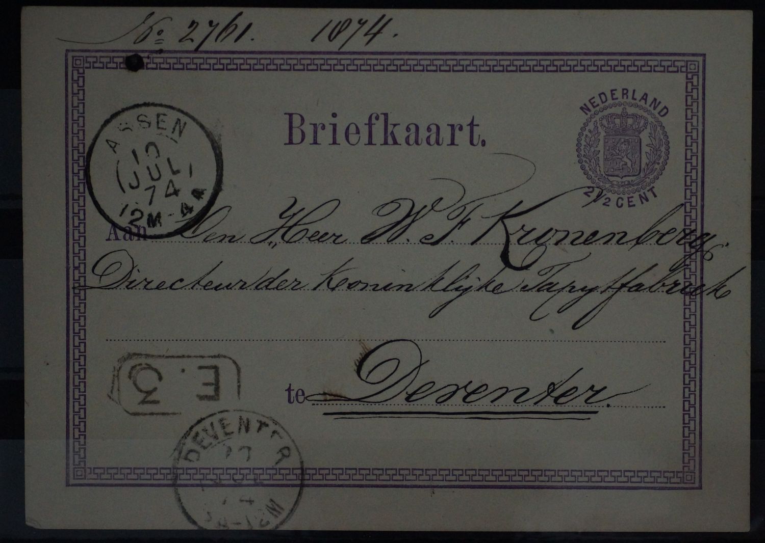 Tweeletterstempel Assen en Deventer op nette briefkaart Tweeletterstempel Assen en Deventer op nette briefkaart