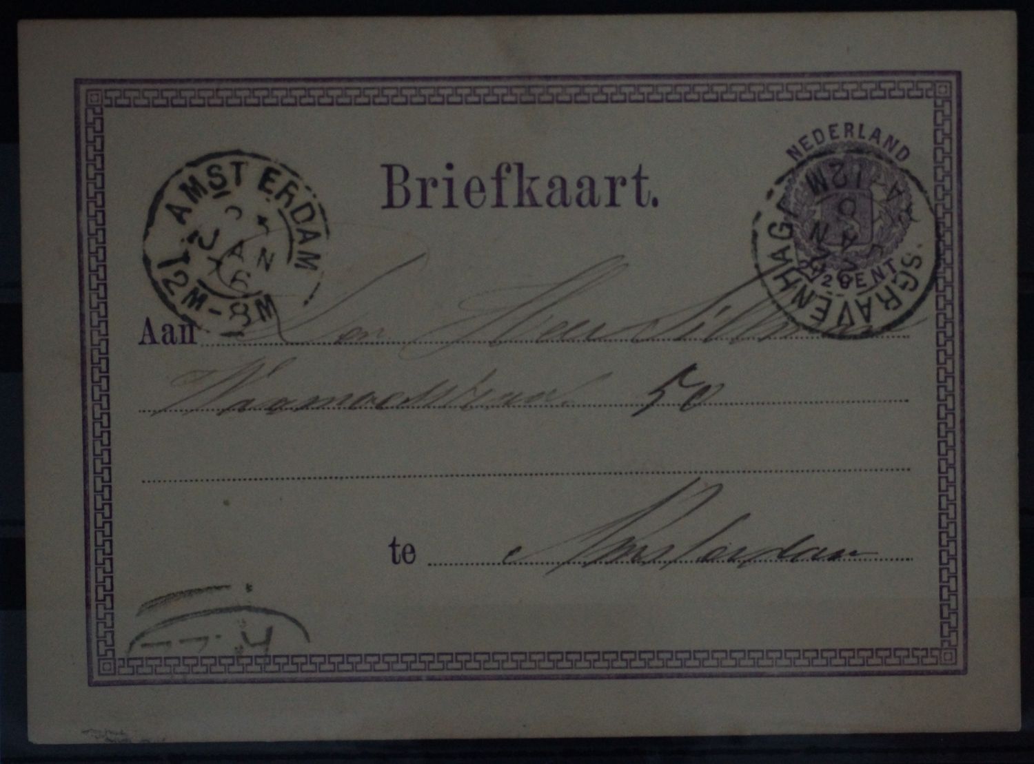 Tweeletterstempel sGravenhage en Amsterdam op nette briefkaart Tweeletterstempel sGravenhage en Amsterdam op nette briefkaart