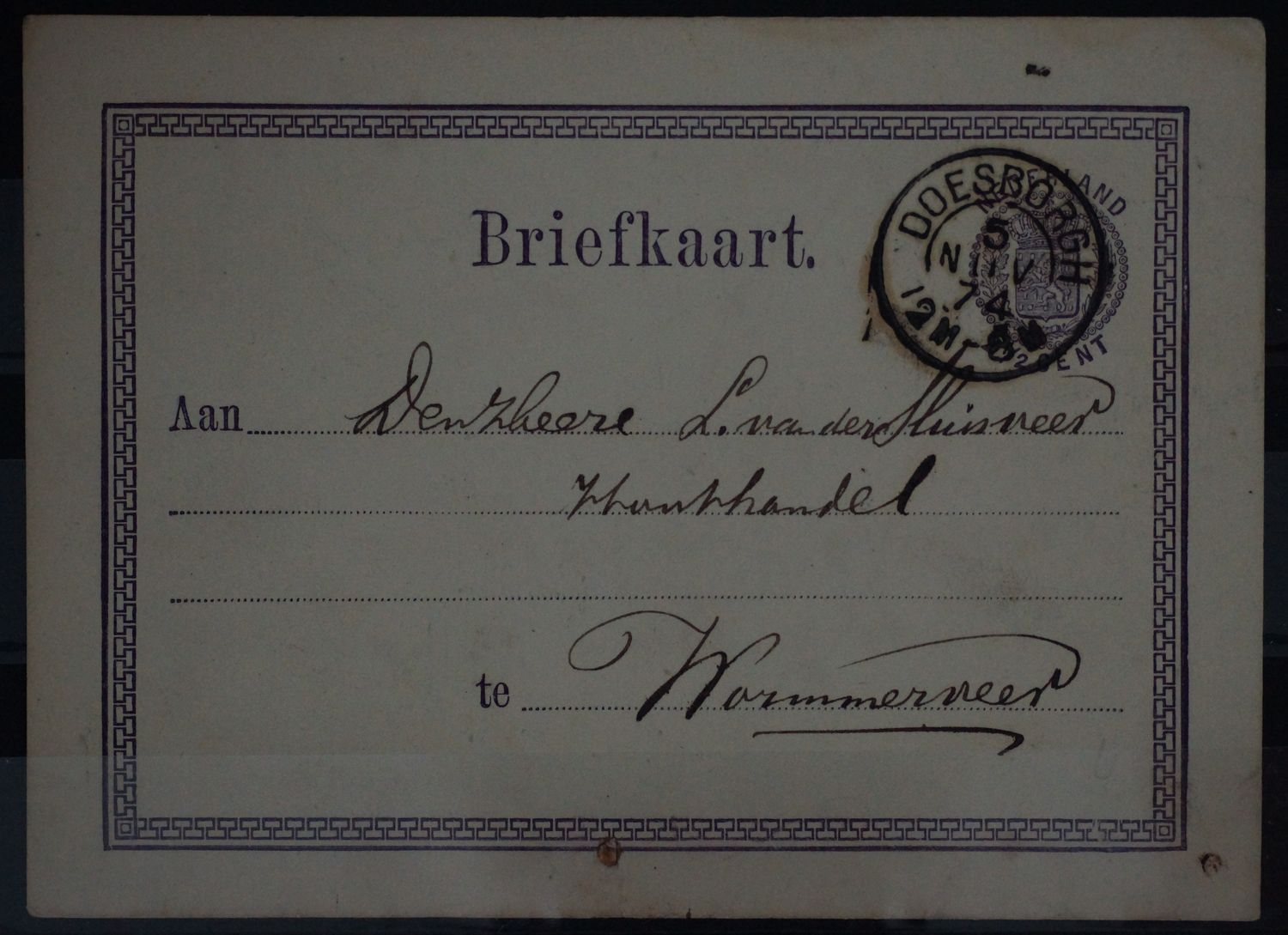 Tweeletterstempel Doesborgh op nette briefkaart naar Wormerveer