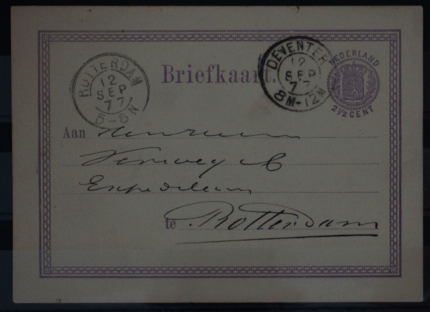Tweeletterstempel Deventer en Rotterdam op nette briefkaart