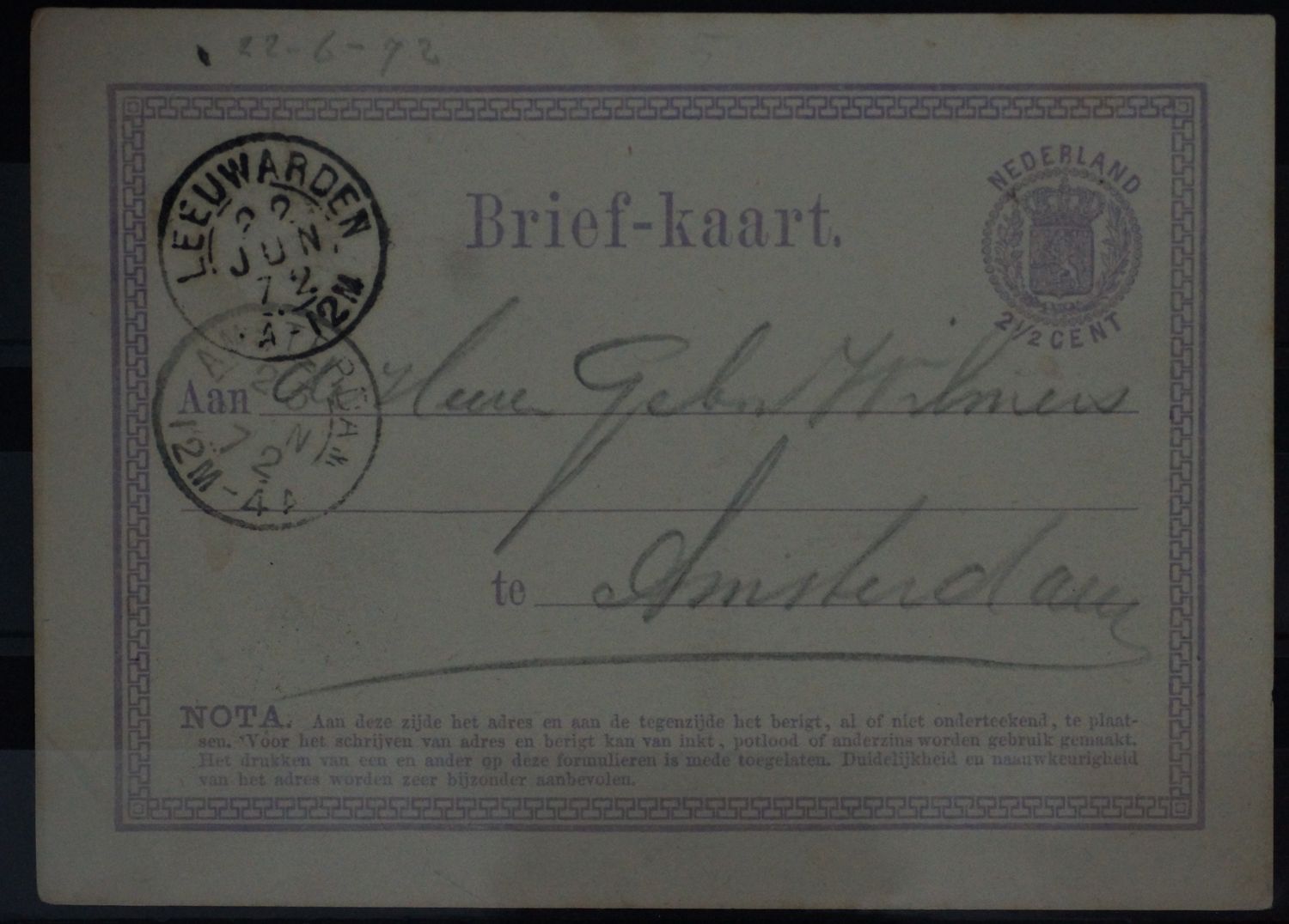 Tweeletterstempel Leeuwarden en Amsterdam op nette briefkaart Tweeletterstempel Leeuwarden en Amsterdam op nette briefkaart