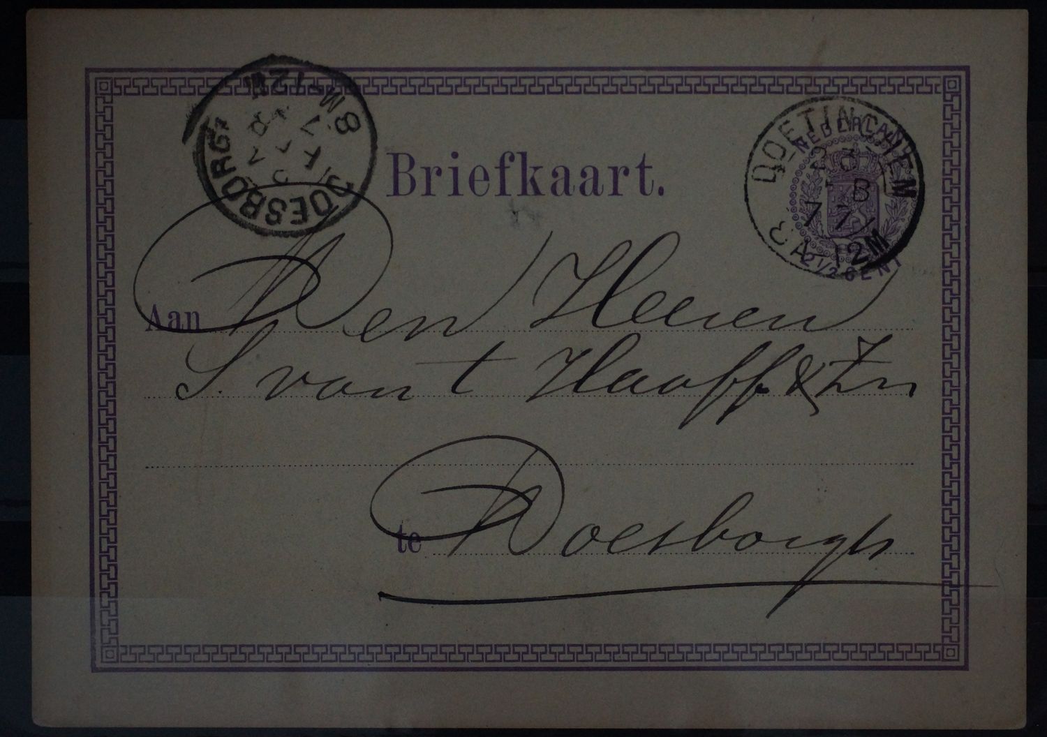 Tweeletterstempel Doetinchem en Doesborgh op nette briefkaart