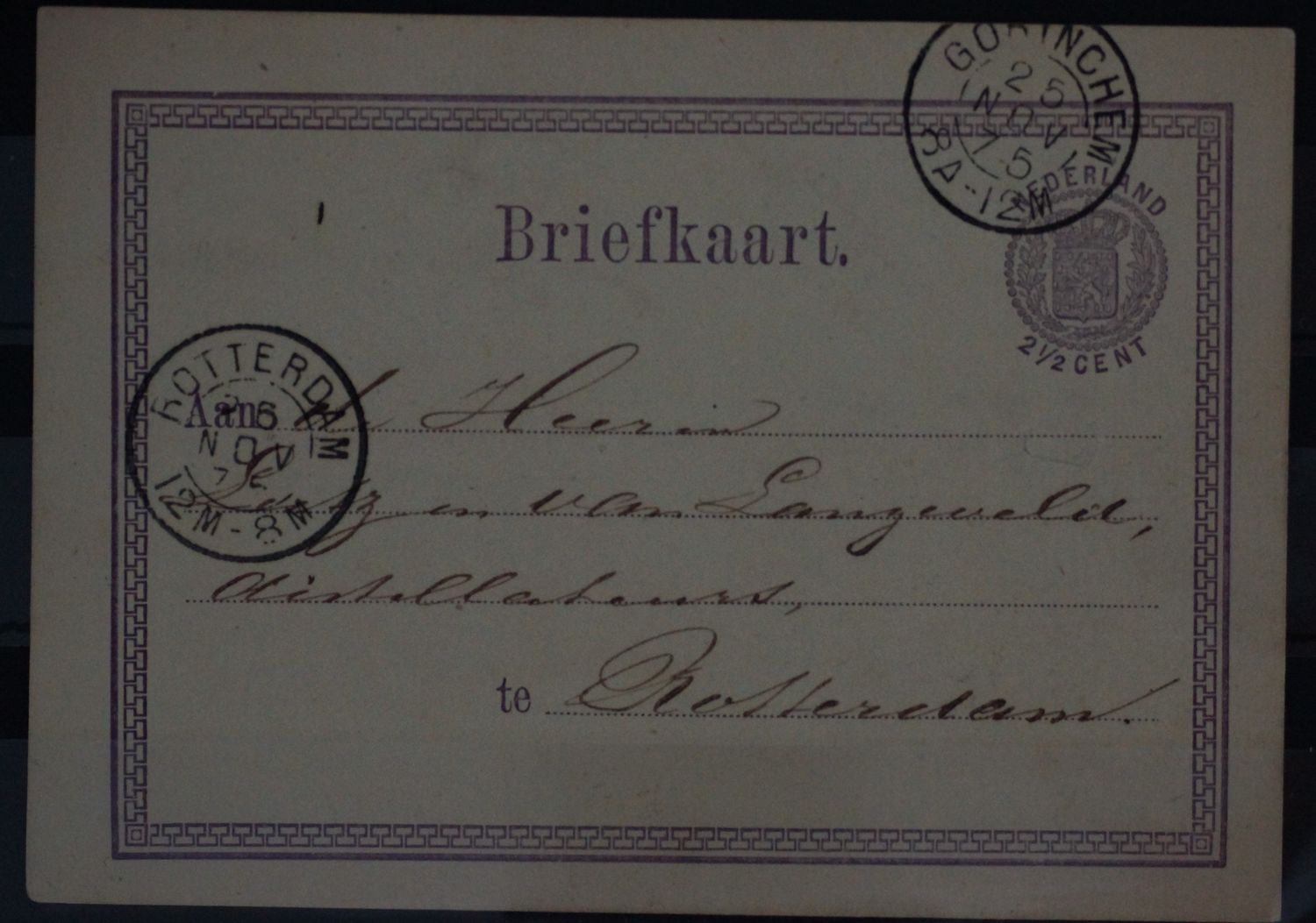 Tweeletterstempel Gorinchem en Rotterdam op nette briefkaart Tweeletterstempel Gorinchem en Rotterdam op nette briefkaart