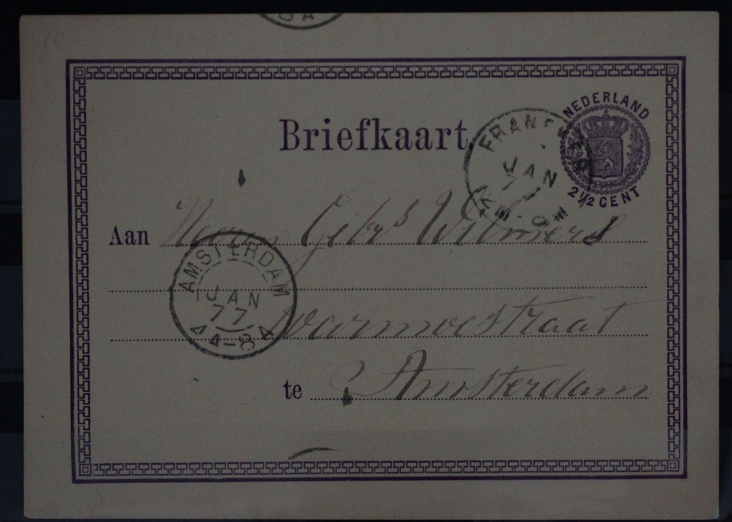 Tweeletterstempel Franeker en Amsterdam op nette briefkaart Tweeletterstempel Franeker en Amsterdam op nette briefkaart