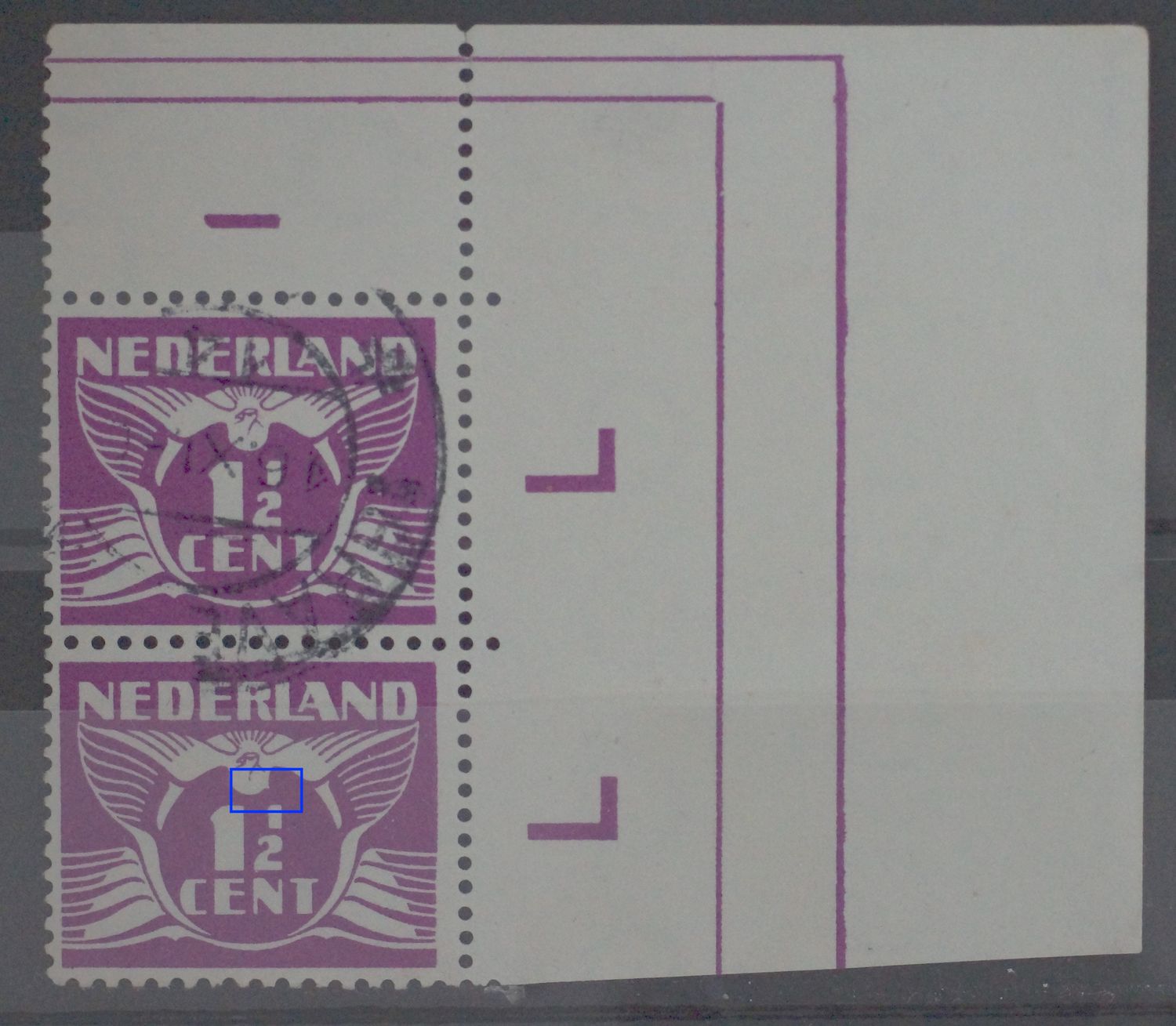 NVPH 171 (paar/velrand) - witte vlek aan de buik van de duif (onderste zegel)