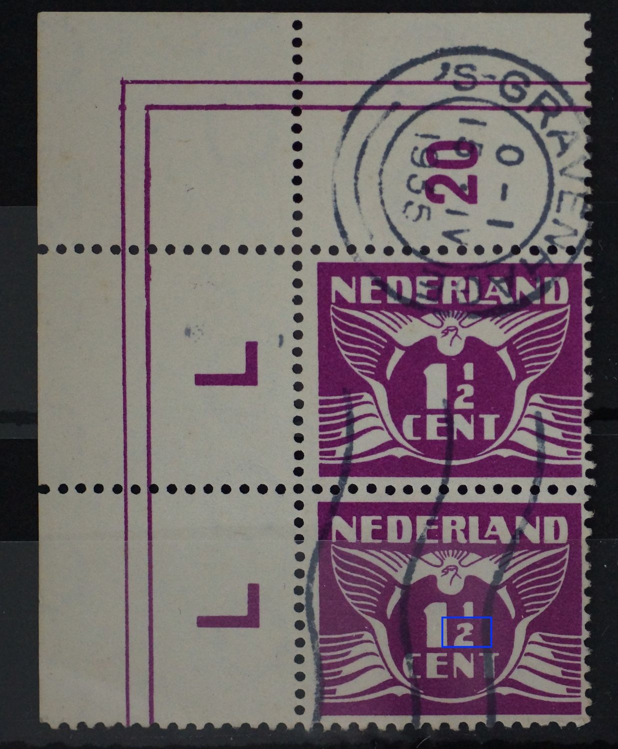 NVPH 171 (paar/velrand) - violette vlek in de 2 van 1/2 (onderste zegel)