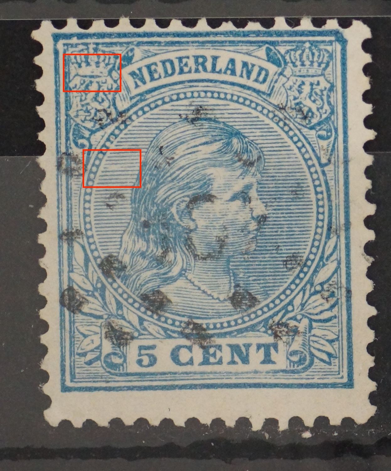 NVPH 35 - o.a. witte vlek in linker kriin en breuk in arcering