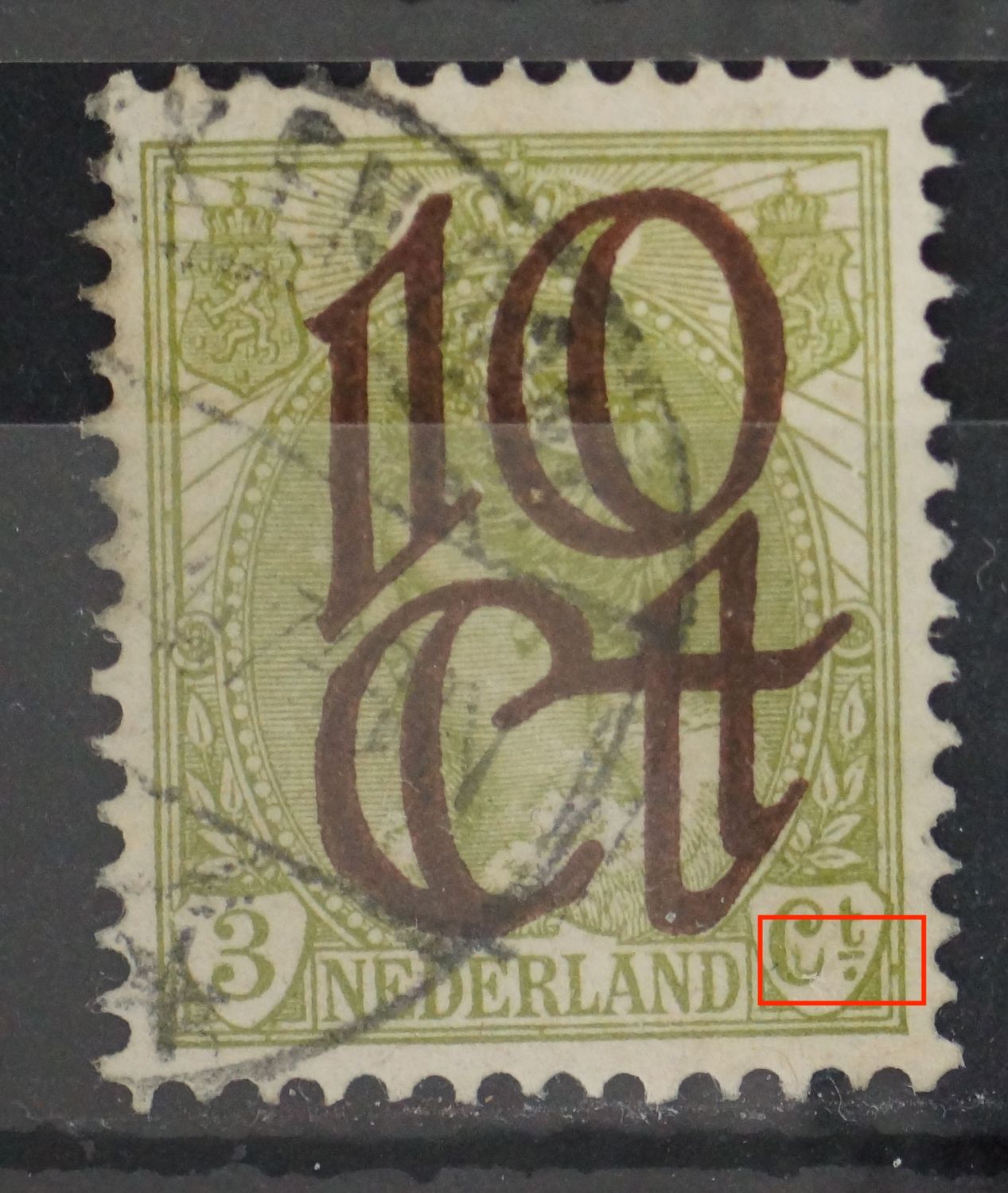 NVPH 116 - o.a. grote groene vlek in de C van Ct. en rechts daarvan tussen de kaderlijnen