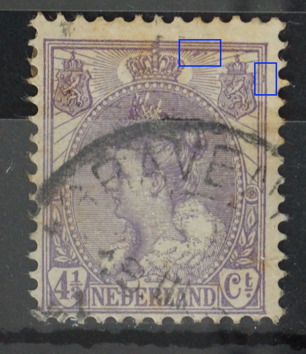 NVPH 59 - violette vlekken tussen de stralen en de kaderlijnen rechts