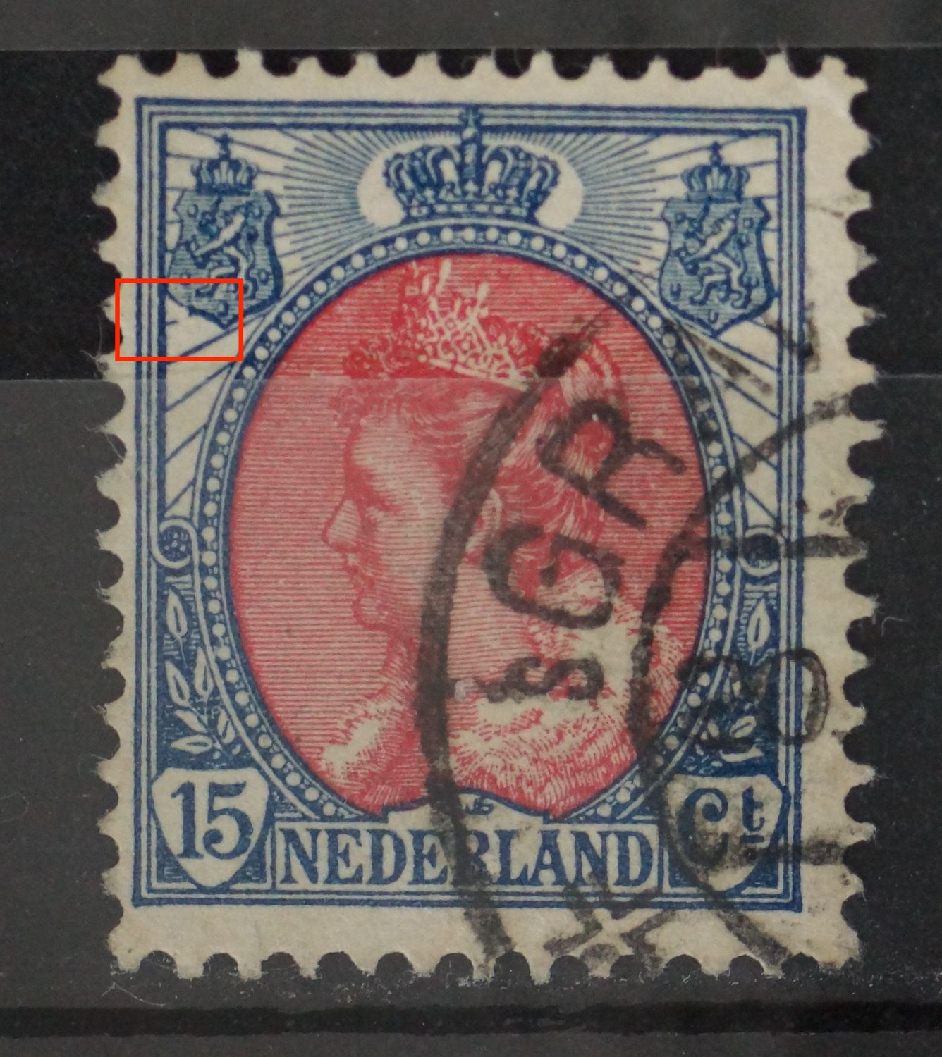 NVPH 65 - breuk in straal onder linker wapenschild NVPH 65 - breuk in straal onder linker wapenschild