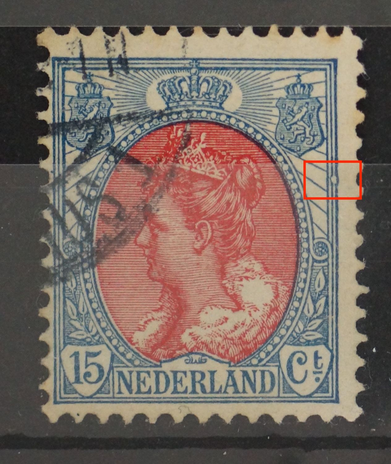 NVPH 65 - bijzondere witte vlek/uitstulping tussen kaderlijnen rechts