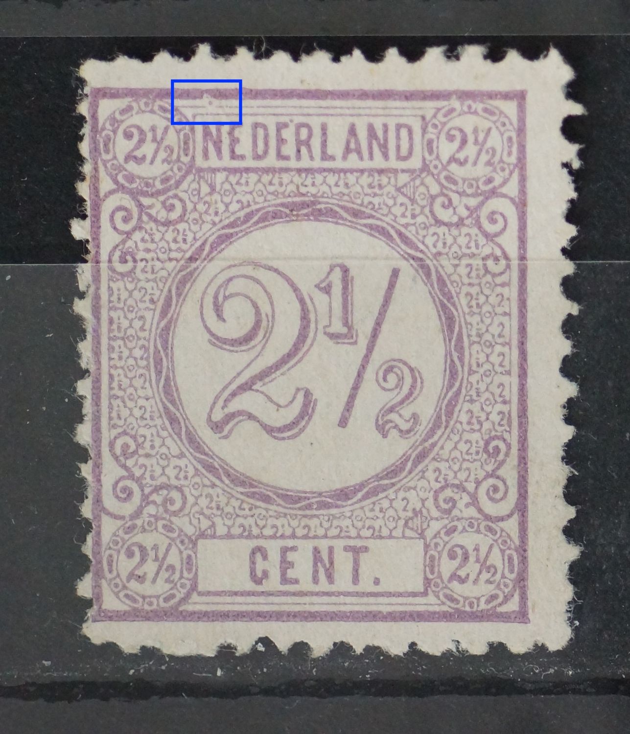 NVPH 33 - violette punttussen kaderlijnen boven de 1e N van NEDERLAND