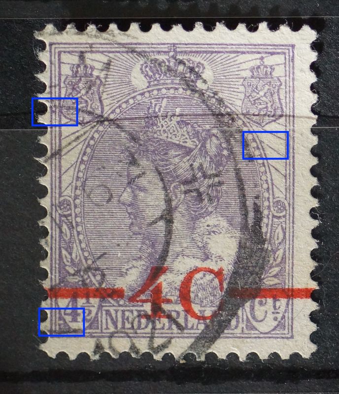 NVPH 106 - o.a. breuk in straal rechts en witte vlek voor het schild van de 4 1/2 NVPH 106 - o.a. breuk in straal rechts en witte vlek voor het schild van de 4 1/2