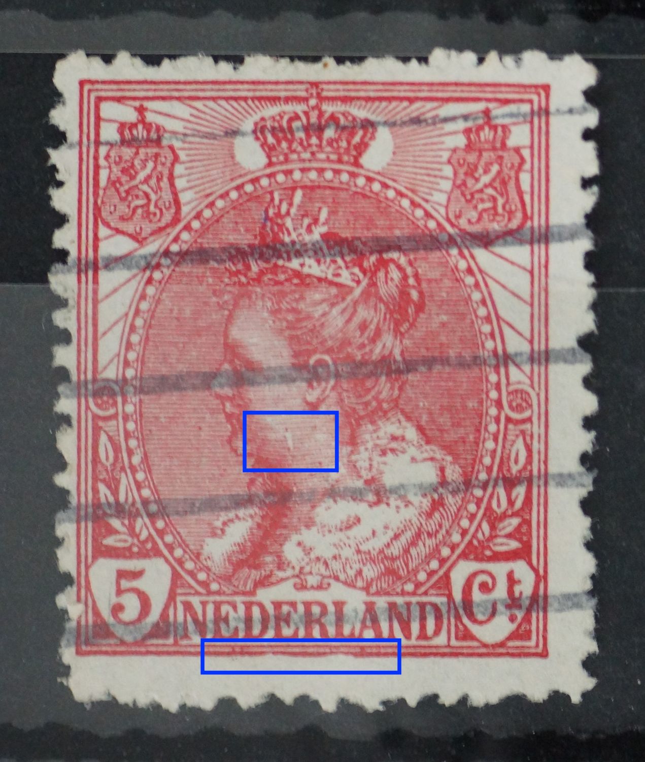 NVPH 60 - onregelmatige kaderlijn onder en verticale witte streep op de wang