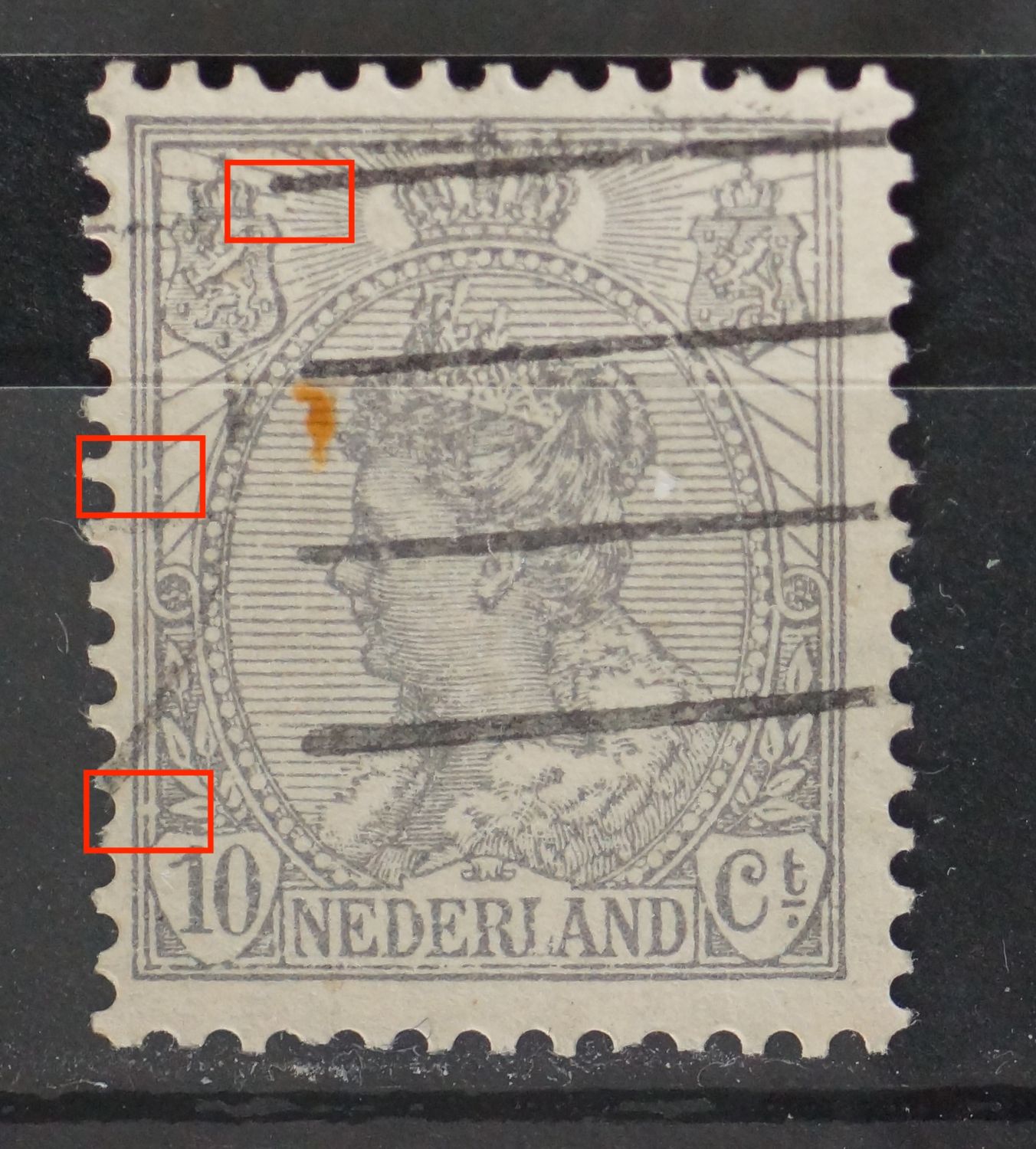 NVPH 81 - breuk in straal links, boven en breuken in kaderlijn links NVPH 81 - breuk in straal links, boven en breuken in kaderlijn links