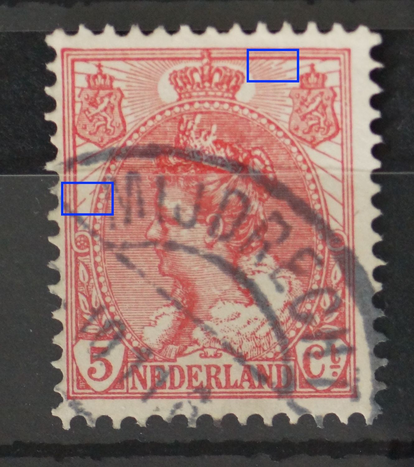 NVPH 60 - breuk in straal rechts van kroon en links, midden NVPH 60 - breuk in straal rechts van kroon en links, midden