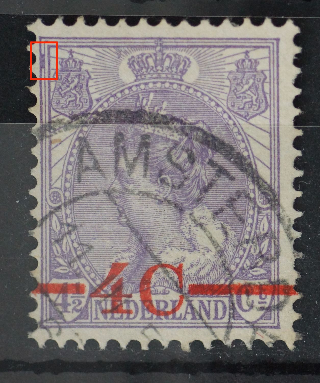NVPH 106 - violette vlek tussen kaderlijnen bij linker wapenschild