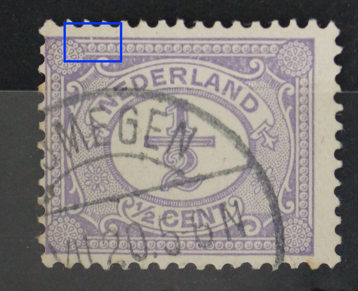 NVPH 50 - breuk in kaderlijn boven, links NVPH 50 - breuk in kaderlijn boven, links