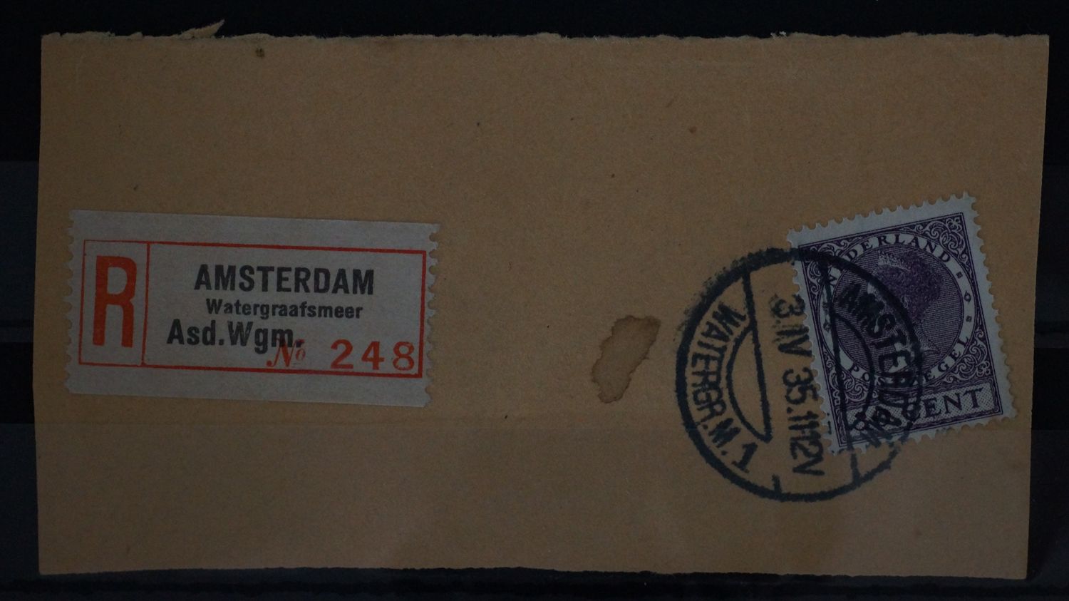 Amsterdam Watergr.m. 1 op NVPH 194 + aantekenstrook