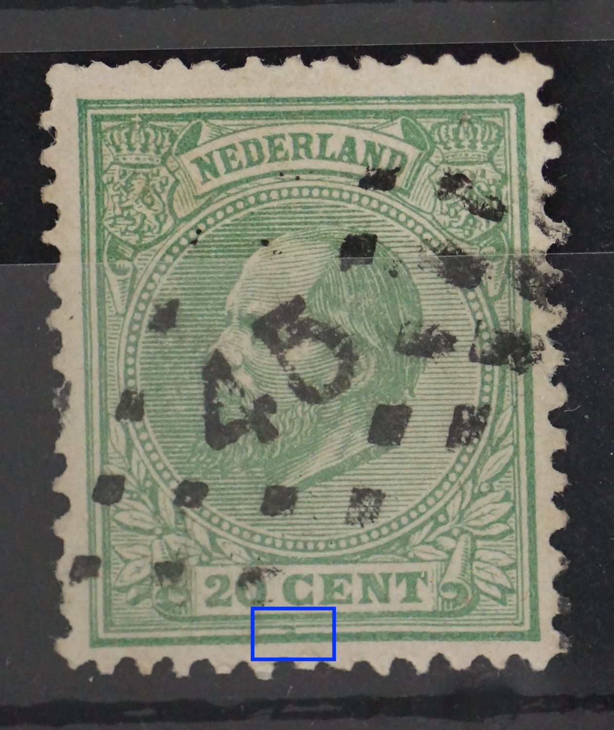 NVPH 24 - groene vlek tussen kaderlijnen onder de C van CENT