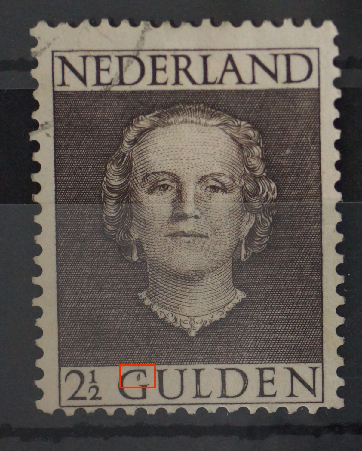 NVPH 535 - grijze vlek ('druppel') in de G van GULDEN