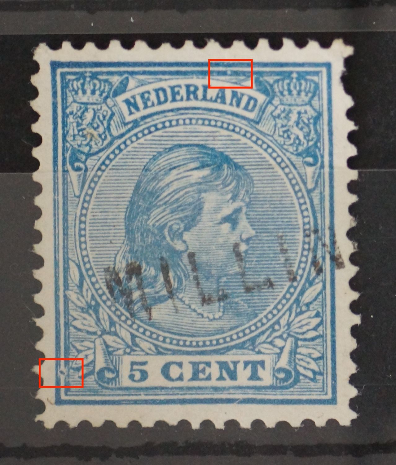 NVPH 35 - o.a. blauwe punt tussen kaderlijnen links - tevens kantoornaamstempel Millingen