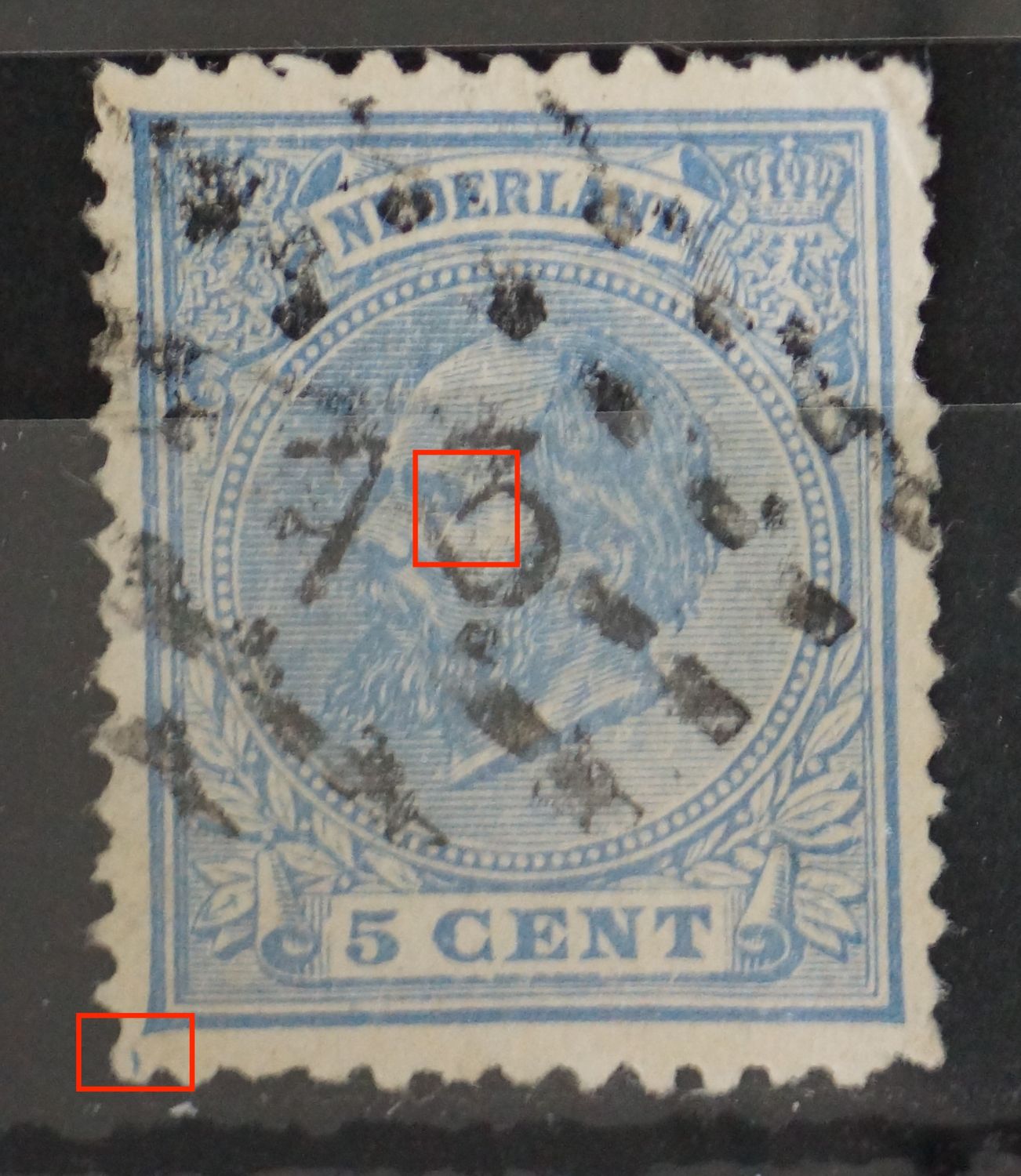 NVPH 19 - o.a. witte krassen in het gezicht