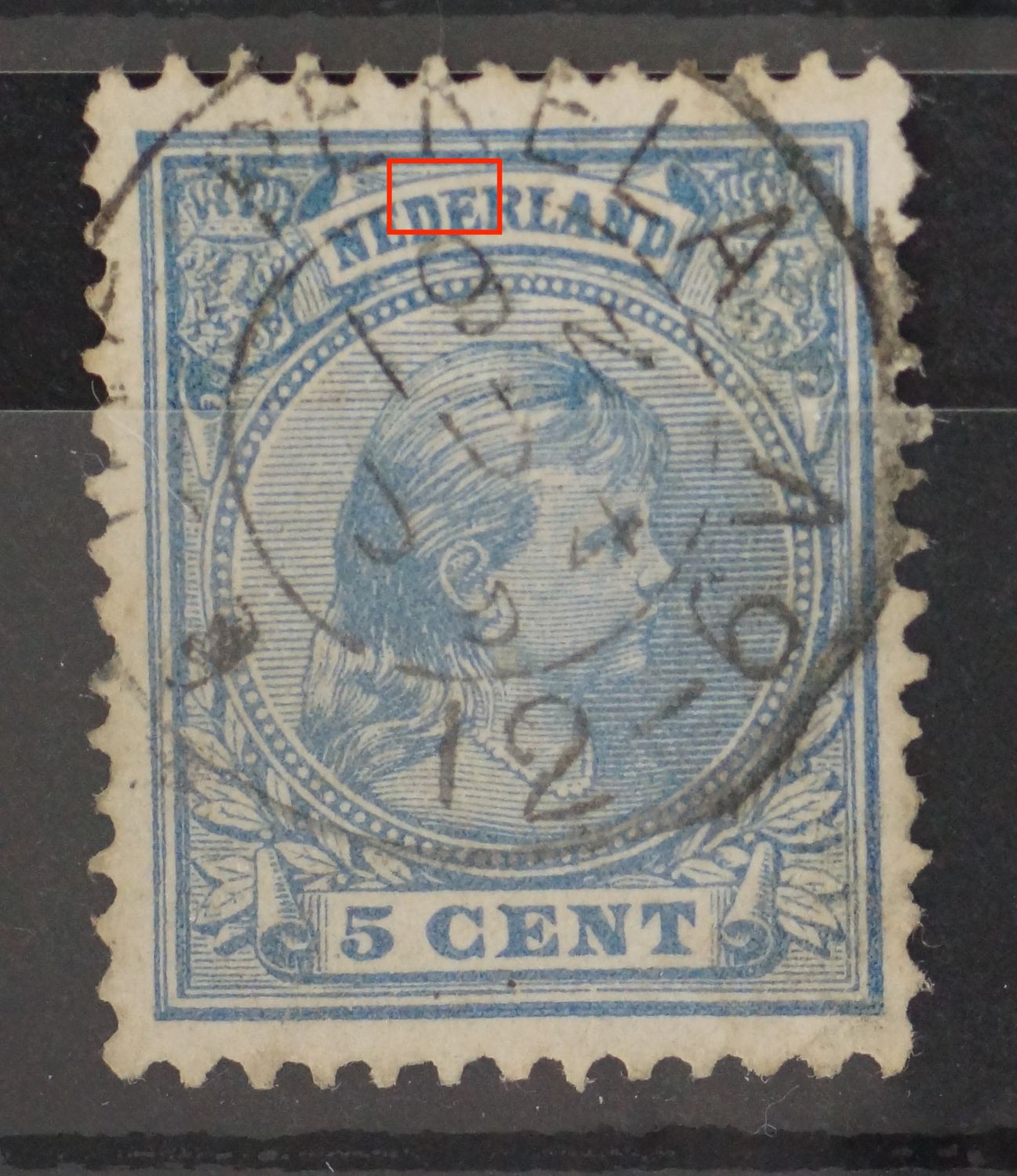 NVPH 35 - witte vlek in 2e E van NEDERLAND en kleinrond Oude Pekela
