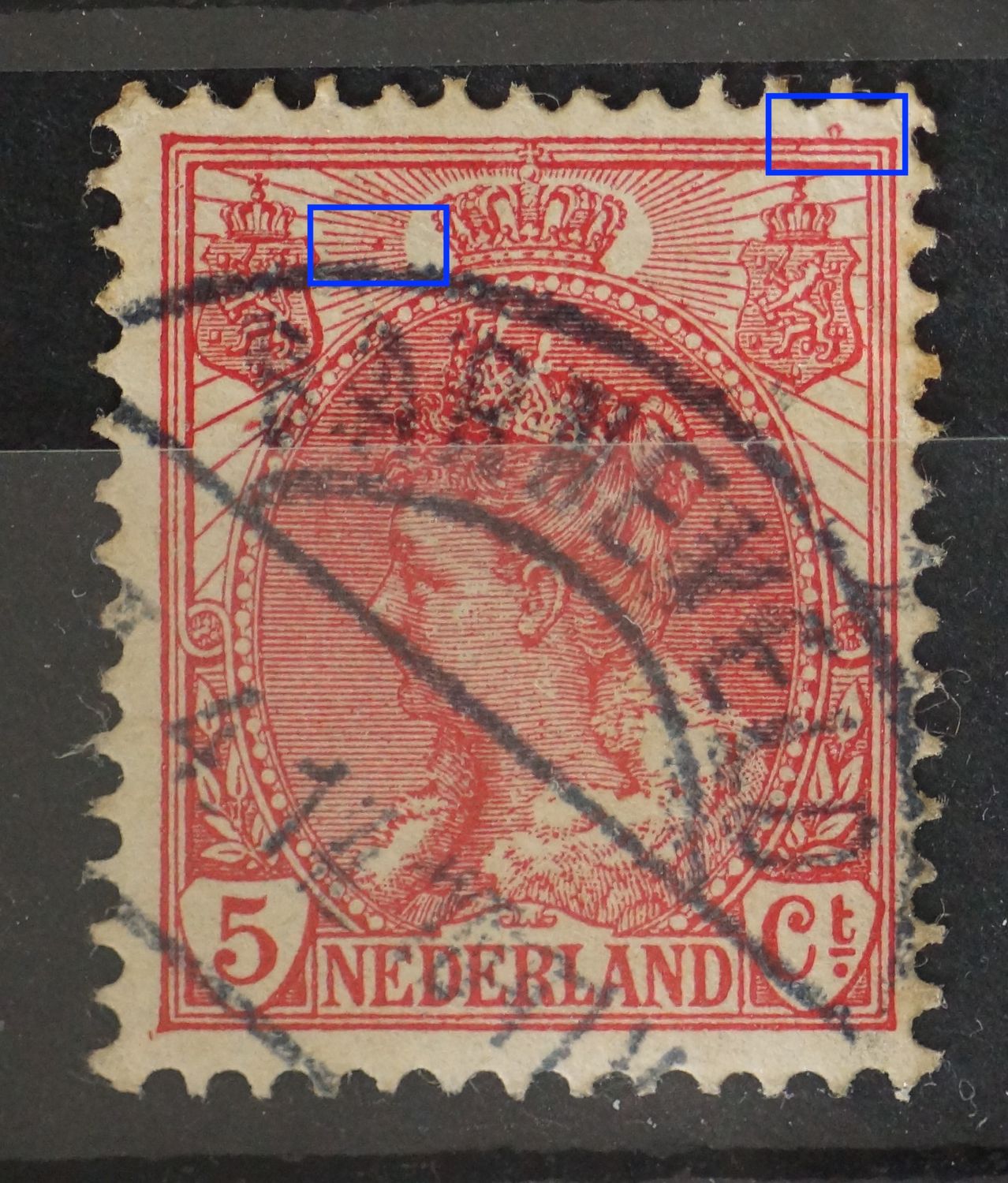 NVPH 60 - o.a. rode vlek tussen stralen links van kroon