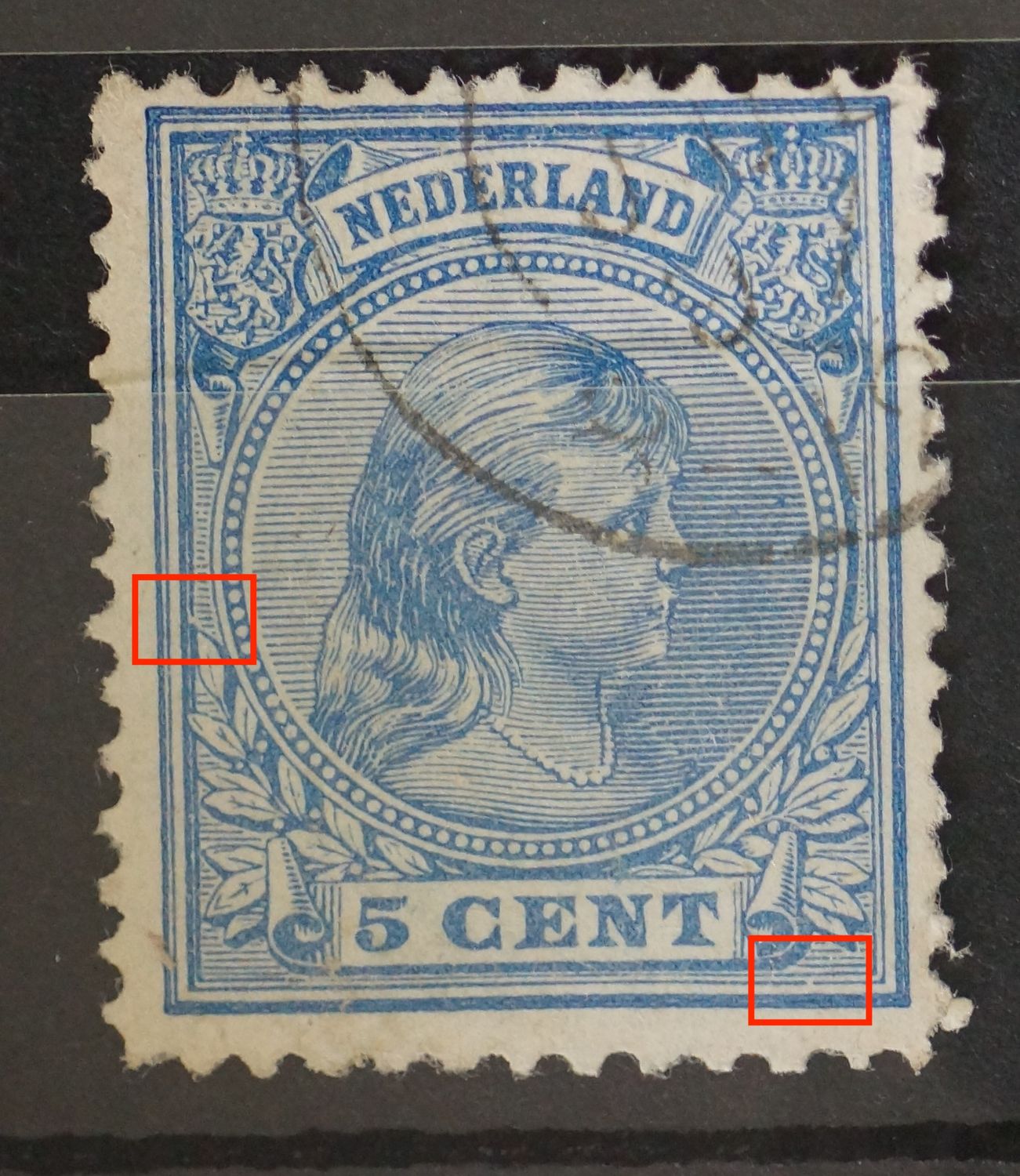 NVPH 35 - breuk in kaderlijn bij bovenste blad links en breuk in kaderlijn onder, rechts