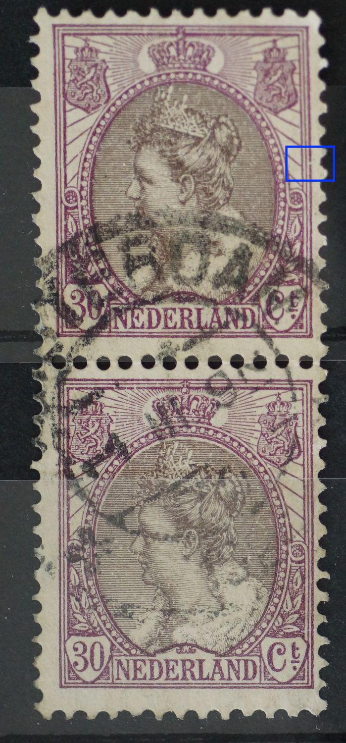 NVPH 72 (paar) breuk in kaderlijn rechts (bovenste zegel)