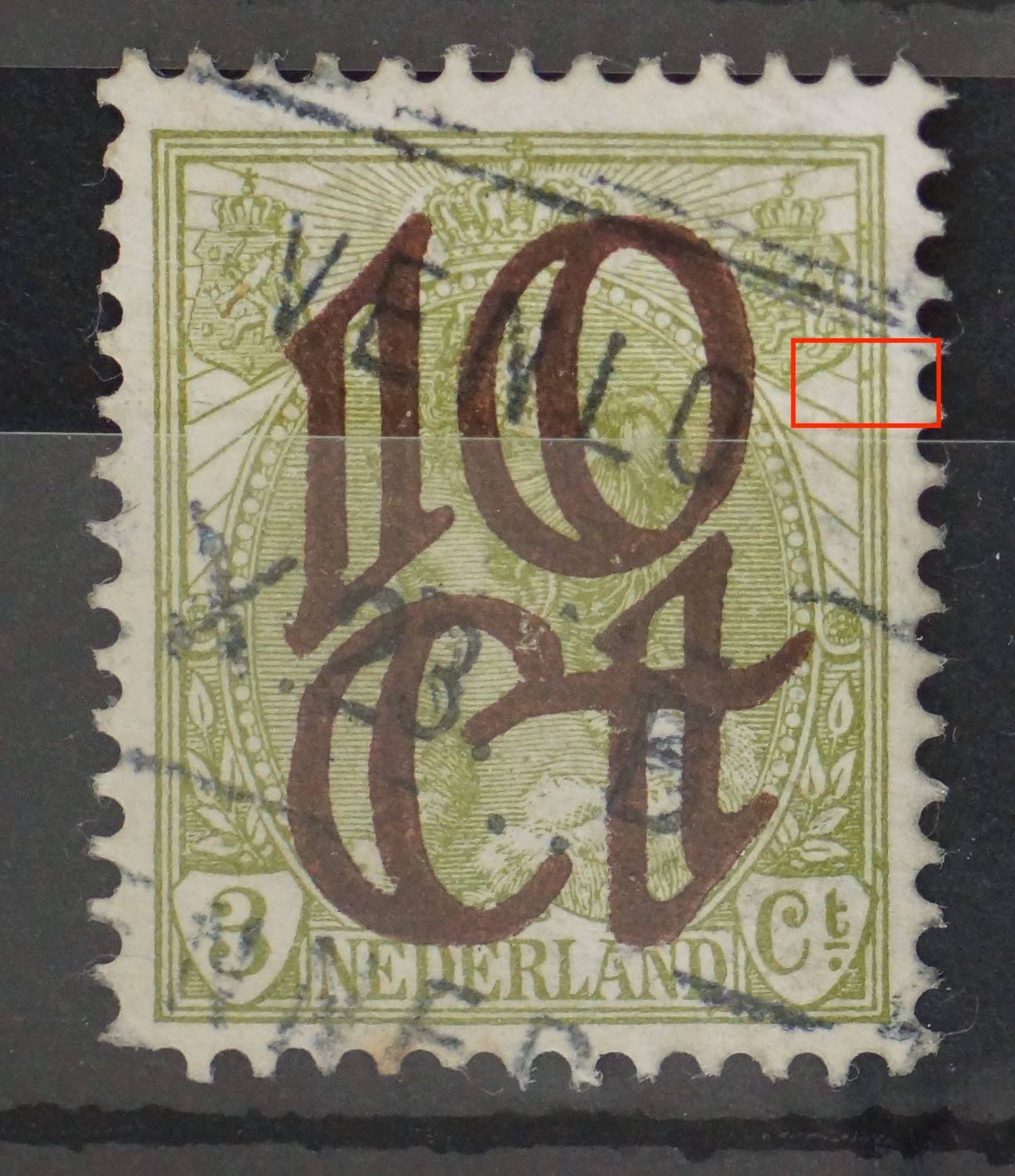 NVPH 116 - groene vlek tussen kaderlijnen rechts