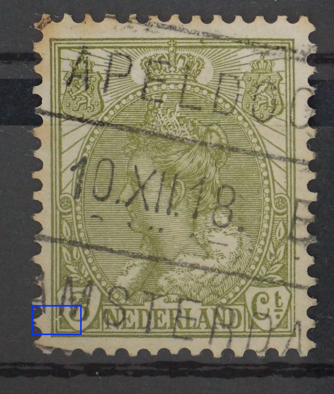 NVPH 57 - breuk in kaderlijnen links van de 3 NVPH 57 - breuk in kaderlijnen links van de 3