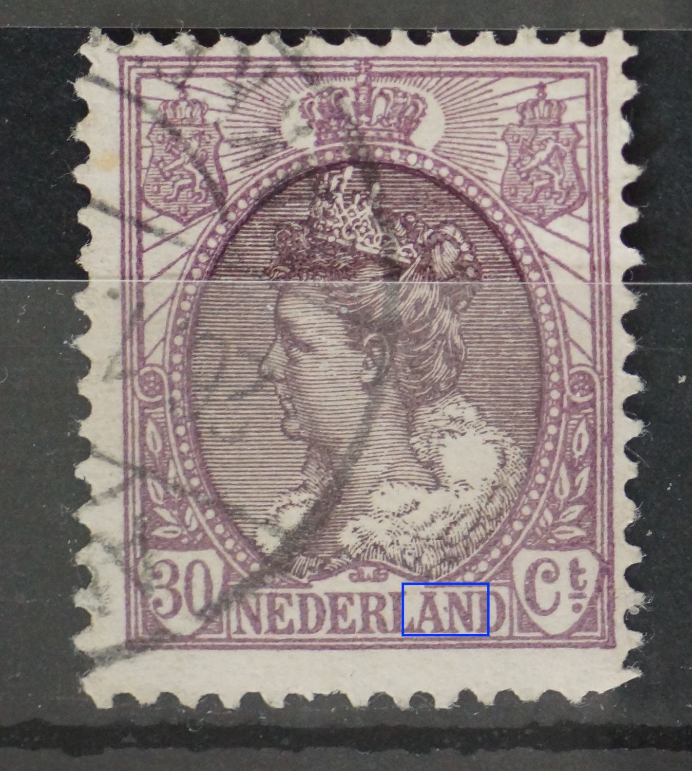 NVPH 72 - violette vlek tussen AN van NEDERLAND