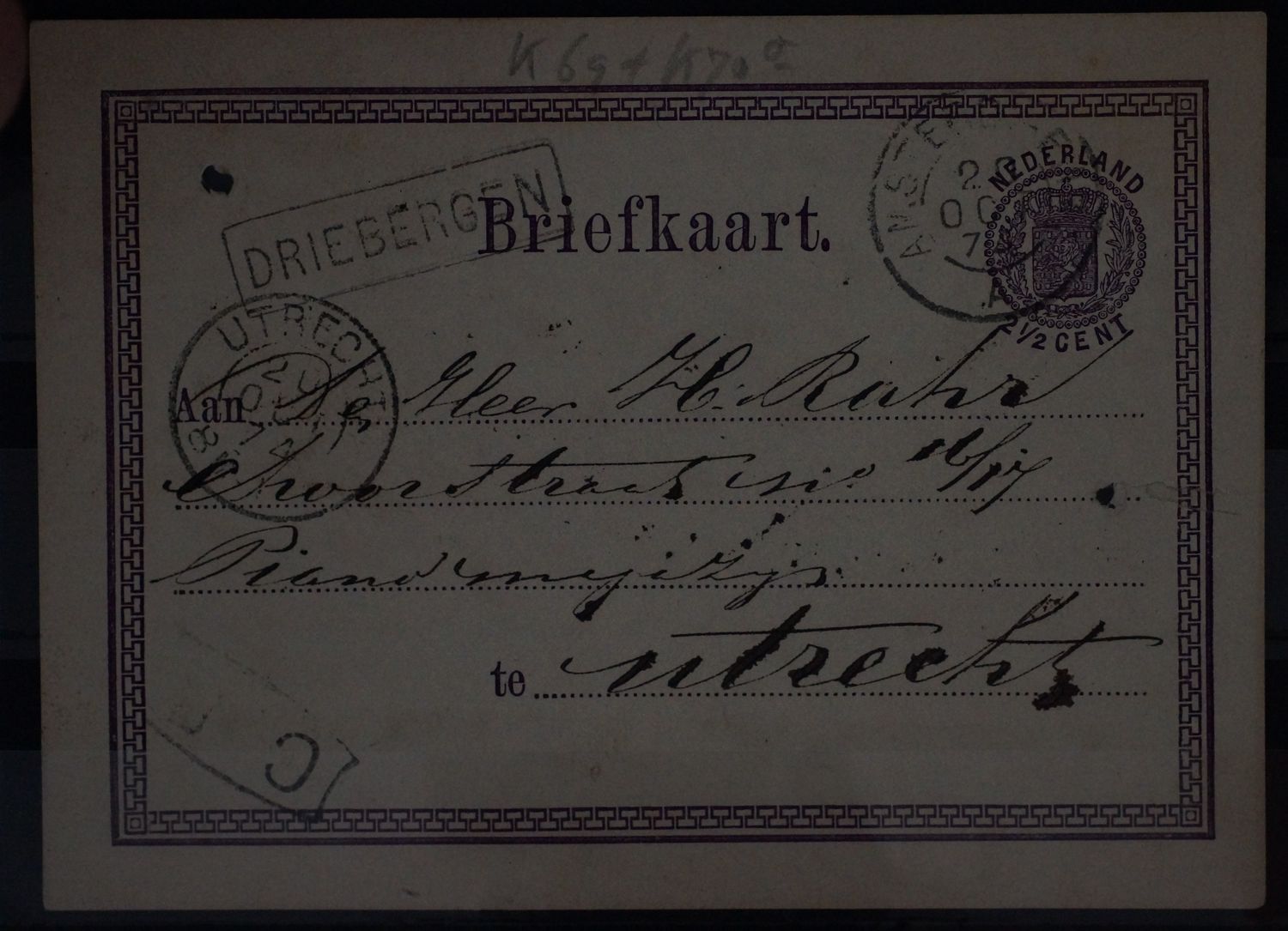 Amsterd:-Emm: A, tweeletterstempel Utrecht en haltestempel Driebergen op briefkaart
