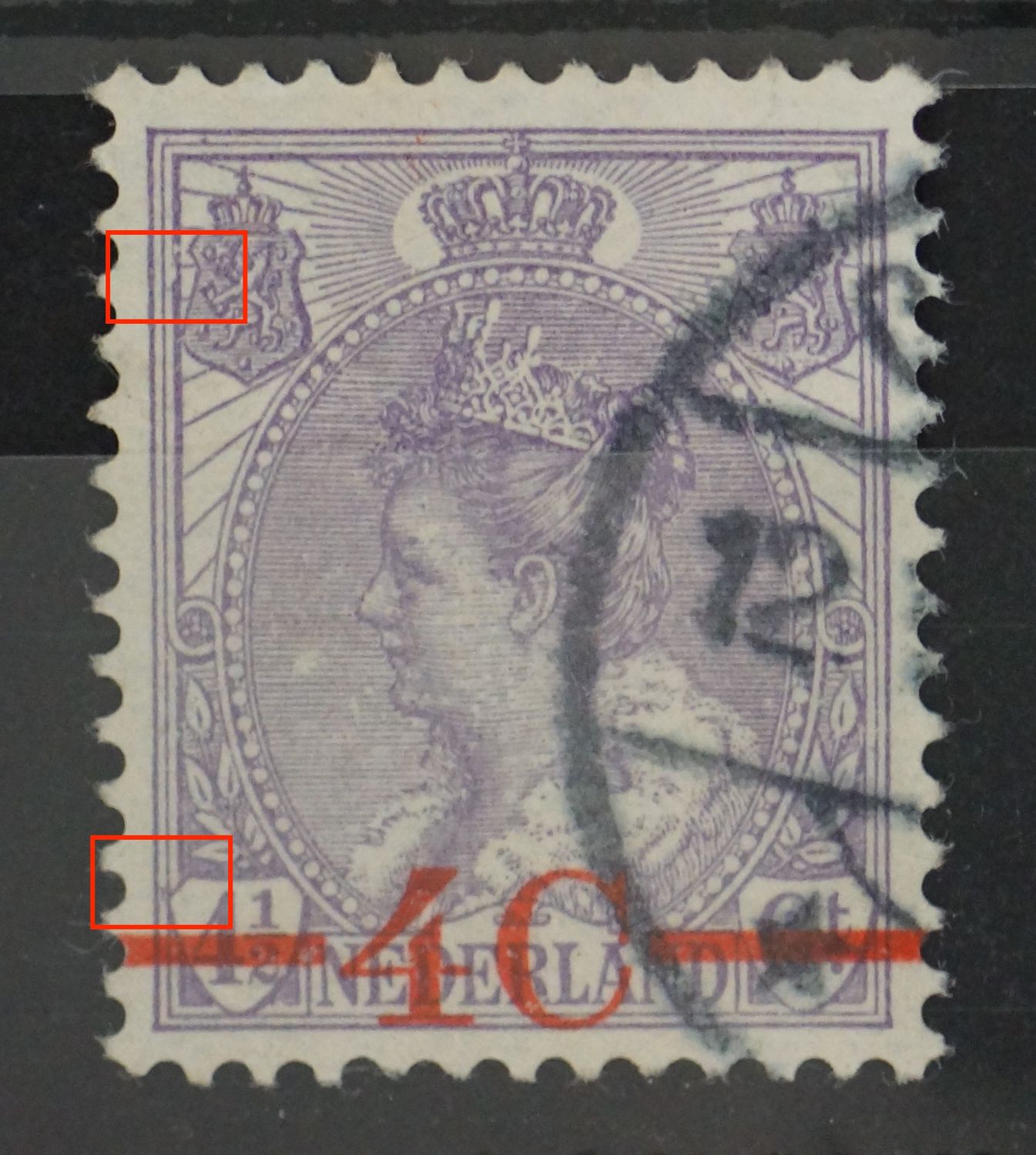 NVPH 106 - violet streepje tussen kaderlijnen links, onder en beschadigde kaderlijn bij linker wapenschild