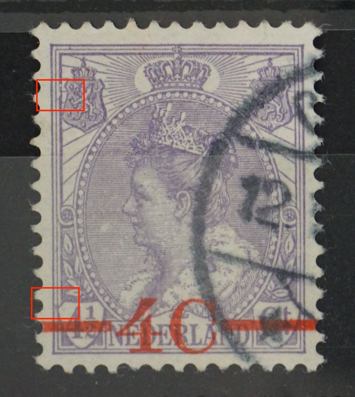 NVPH 106 - violet streepje tussen kaderlijnen links, onder en beschadigde kaderlijn bij linker wapenschild NVPH 106 - violet streepje tussen kaderlijnen links, onder en beschadigde kaderlijn bij linker wapenschild