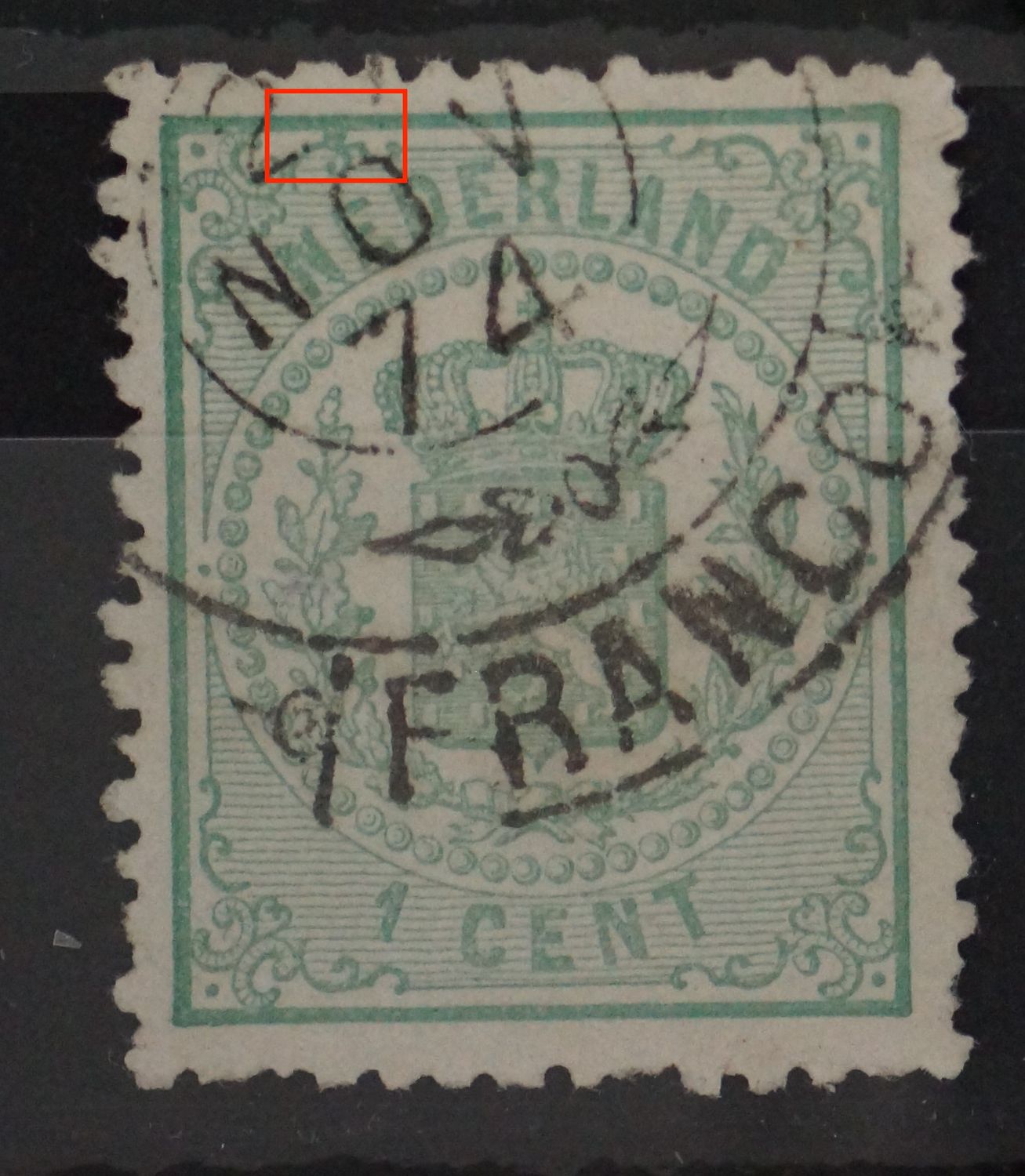 NVPH 15 - grote groene vlek boven de 1e E van NEDERLAND