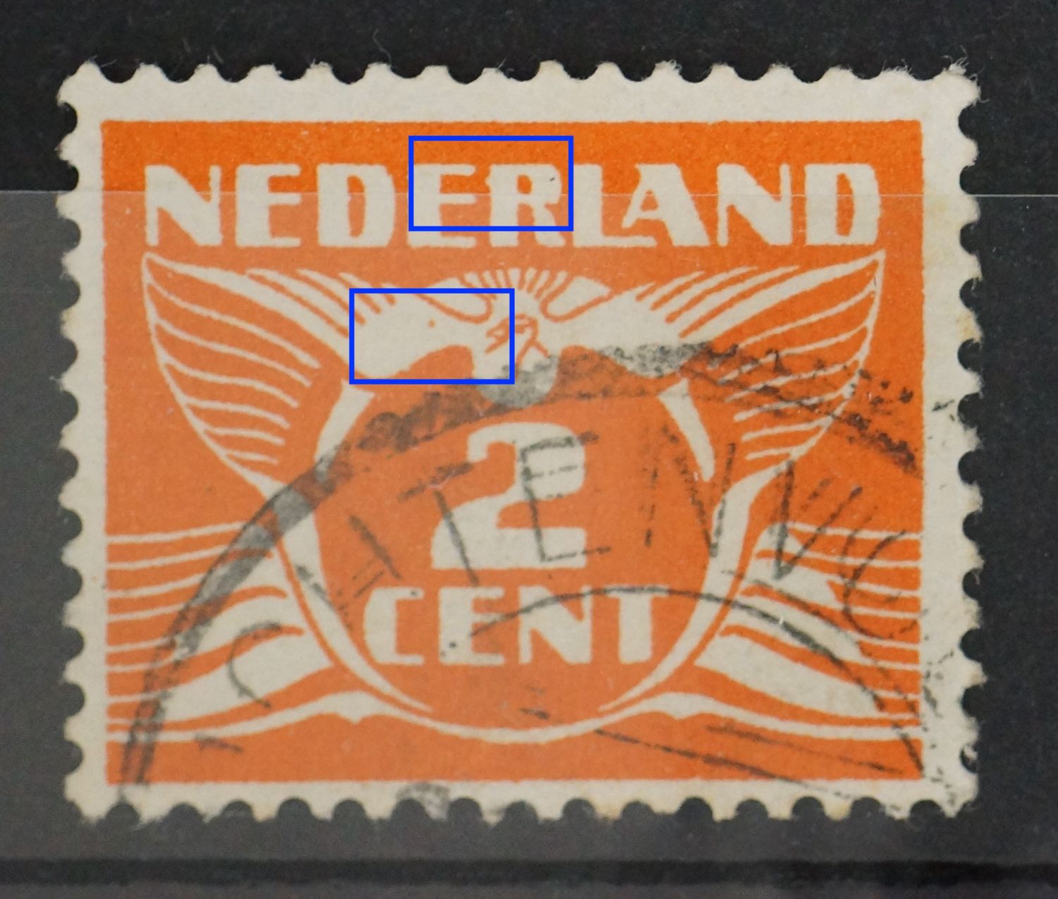 NVPH 145 - witte uitstulping aan de R van NEDERLAND en oranje punt in de linker vleugel
