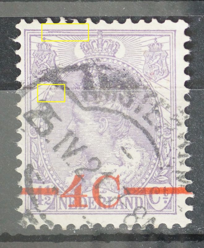 NVPH 106 - o.a. witte vlek in parelrand links en verschoven kaderlijn boven, links NVPH 106 - o.a. witte vlek in parelrand links en verschoven kaderlijn boven, links