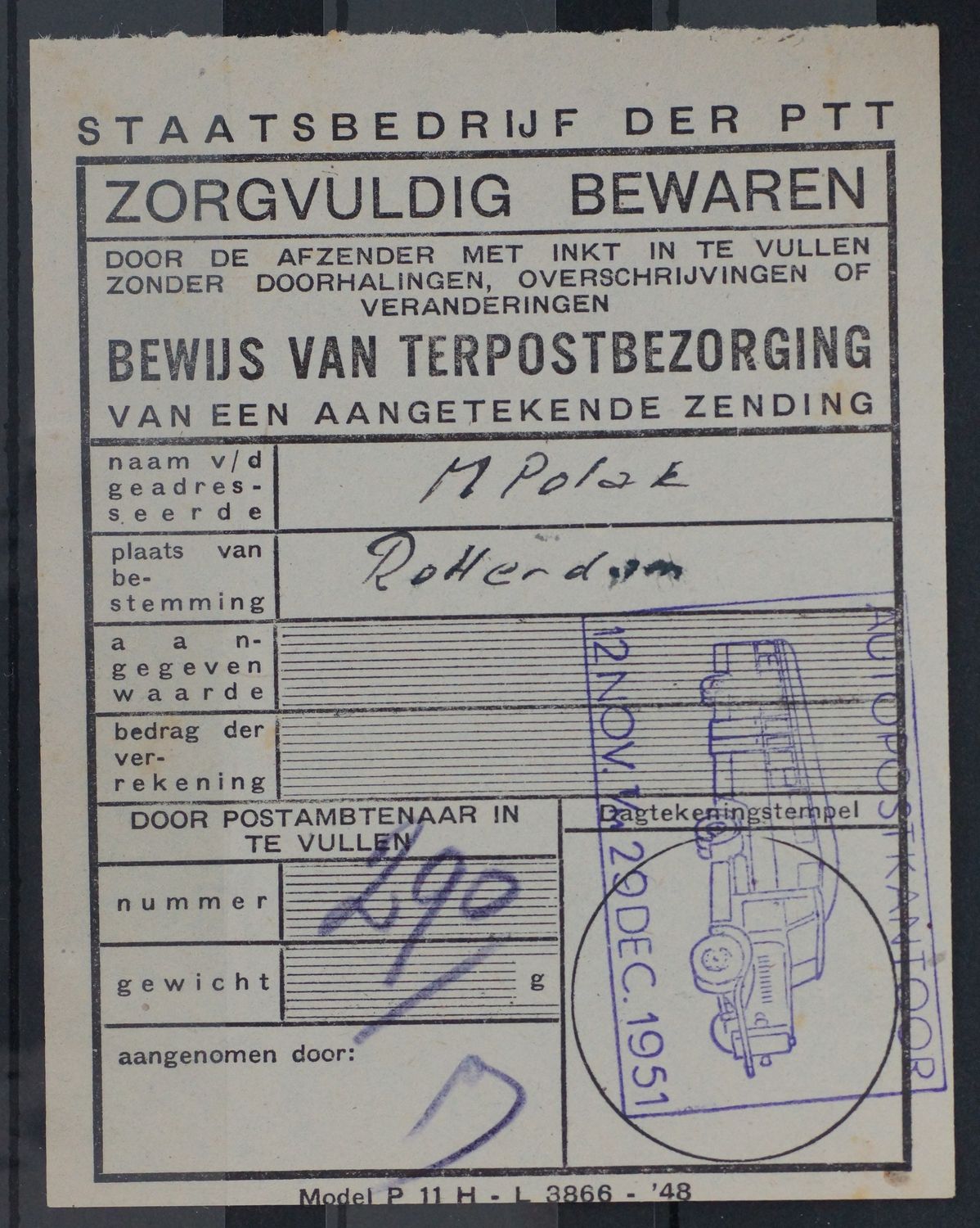 Bewijs van terpostbezorging Model P11 H met autopostkantoor 29-12-1951 Bewijs van terpostbezorging Model P11 H met autopostkantoor 29-12-1951