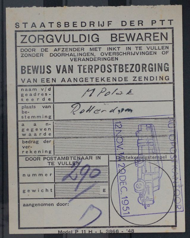 Bewijs van terpostbezorging Model P11 H met autopostkantoor 29-12-1951 Bewijs van terpostbezorging Model P11 H met autopostkantoor 29-12-1951