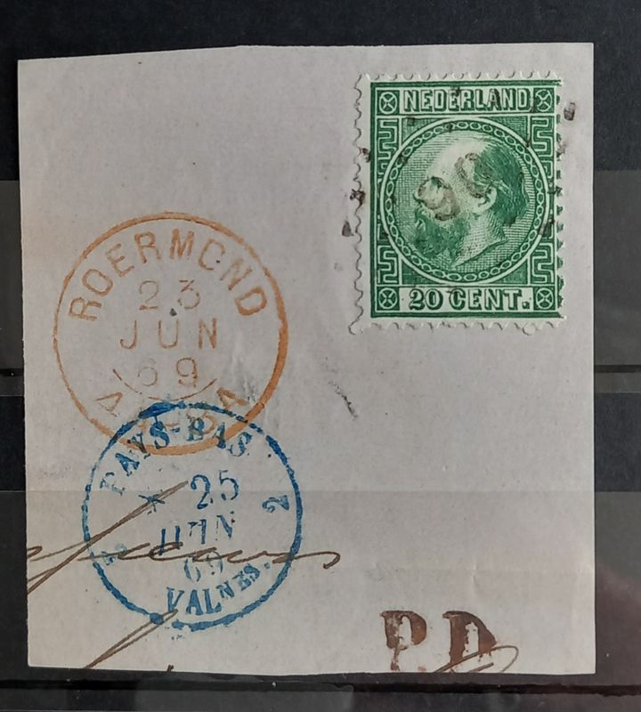 90 (Roermond) op NVPH 10 met aankomststempel Frankrijk, tweeletterstempel Roermond en PD 90 (Roermond) op NVPH 10 met aankomststempel Frankrijk, tweeletterstempel Roermond en PD