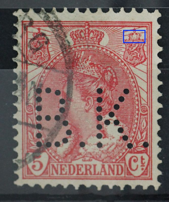 NVPH 60 - witte vlek in kroon rechter wapenschild, tevens perfin B.K.